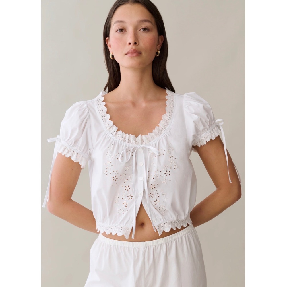 Few Moda Sorella Atelier White Eyelet Crop Top Peasant Blouse Womens L